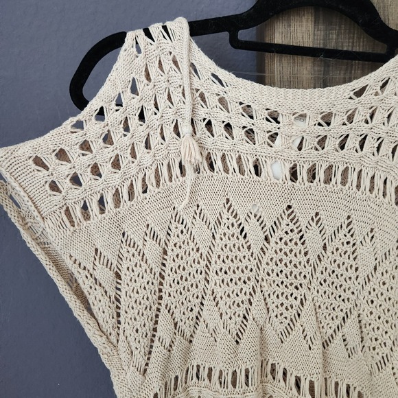 Chico's Sweater Cold Shoulder Ties Tassels Sz 1 Small Beige Open Knit Coverup - Picture 3 of 13